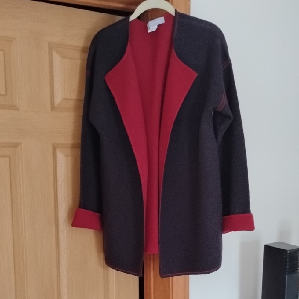 Modern Soul Dark Red and Charcoal Gray Reversible Wool Cardigan Medium